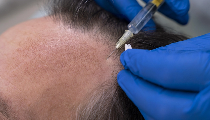 Doctor haciéndole un tratamiento capilar a un paciente con alopecia androgénica